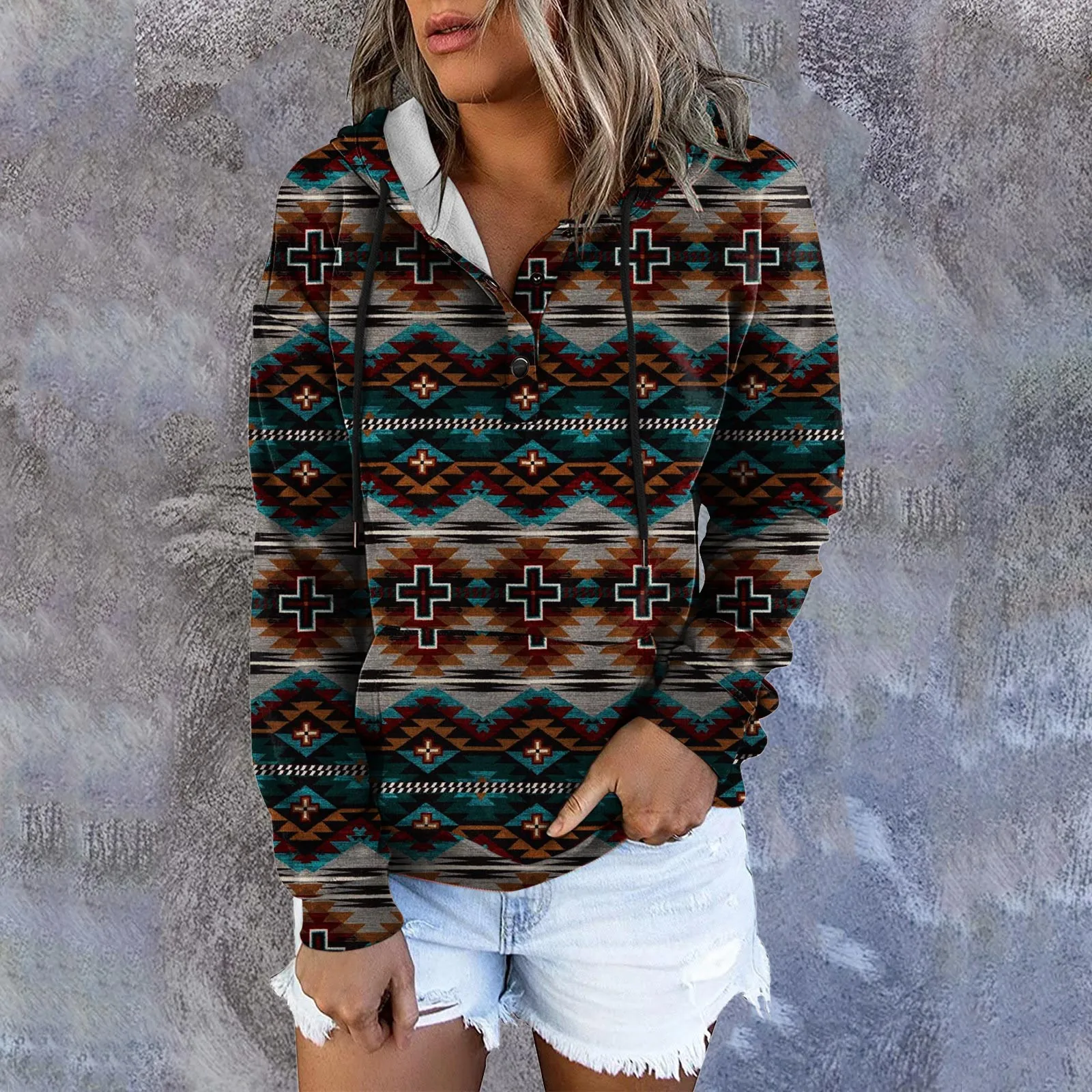 Womens Fashion Sweatshirt Ethnic Print Boho Western Retro Pattern Hoodie Pullover Button Hooded Jacket Woman Winter Clothes