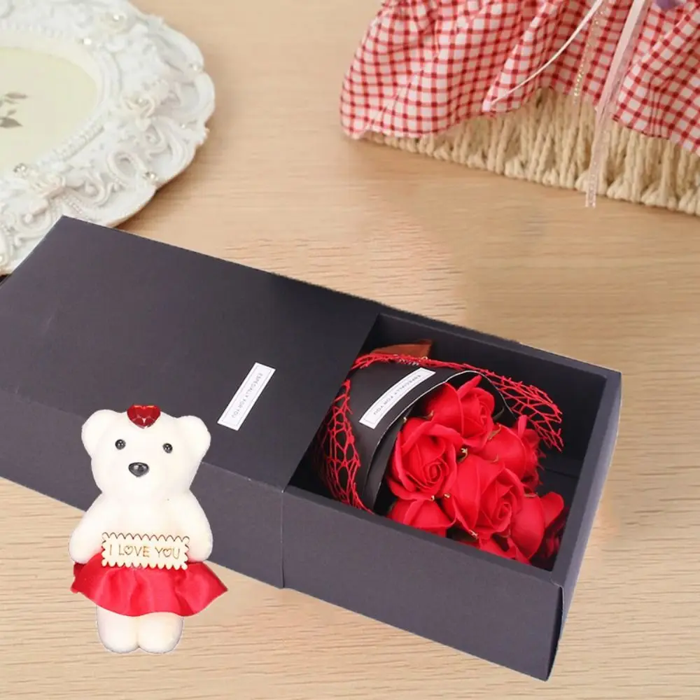 With Bear Doll 7 Rose Soap Bouquet Packing Box Artificial Flowers Rose Bouquet Gift Box Ribbon Bow Simulated Rose Bundle