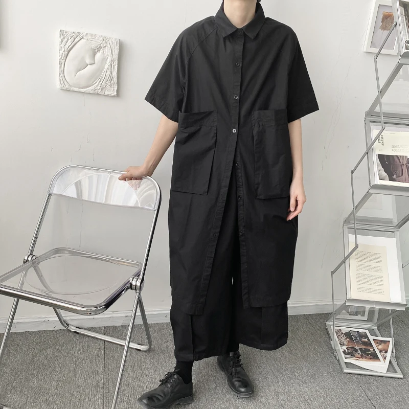 Men Women Couple Japan Korea Streetwear Vintage Loose Casual Big Pocket Long Dress Shirt Male Black Short Sleeve Shirts Oversize