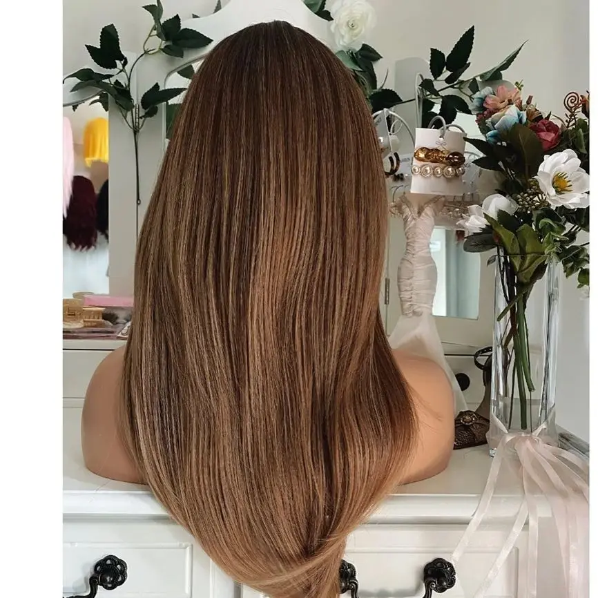 Ombre loira marrom em camadas peruca de cabelo reto com franja perucas dianteiras do laço para as mulheres perucas dianteiras do laço sintético preplucked linha fina