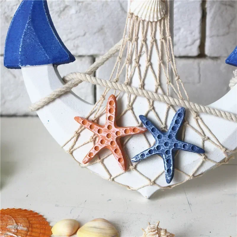 33cm Mediterranean Style Wood Anchor Ornament Nautical Decor Hanging Crafts Thermometer Wall  Hook DIY Home Room