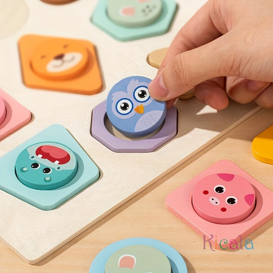 18ピース 大型動物＆形合わせボード 木製カラー 形状学習、教育パズル ギフトに最適 認知玩具