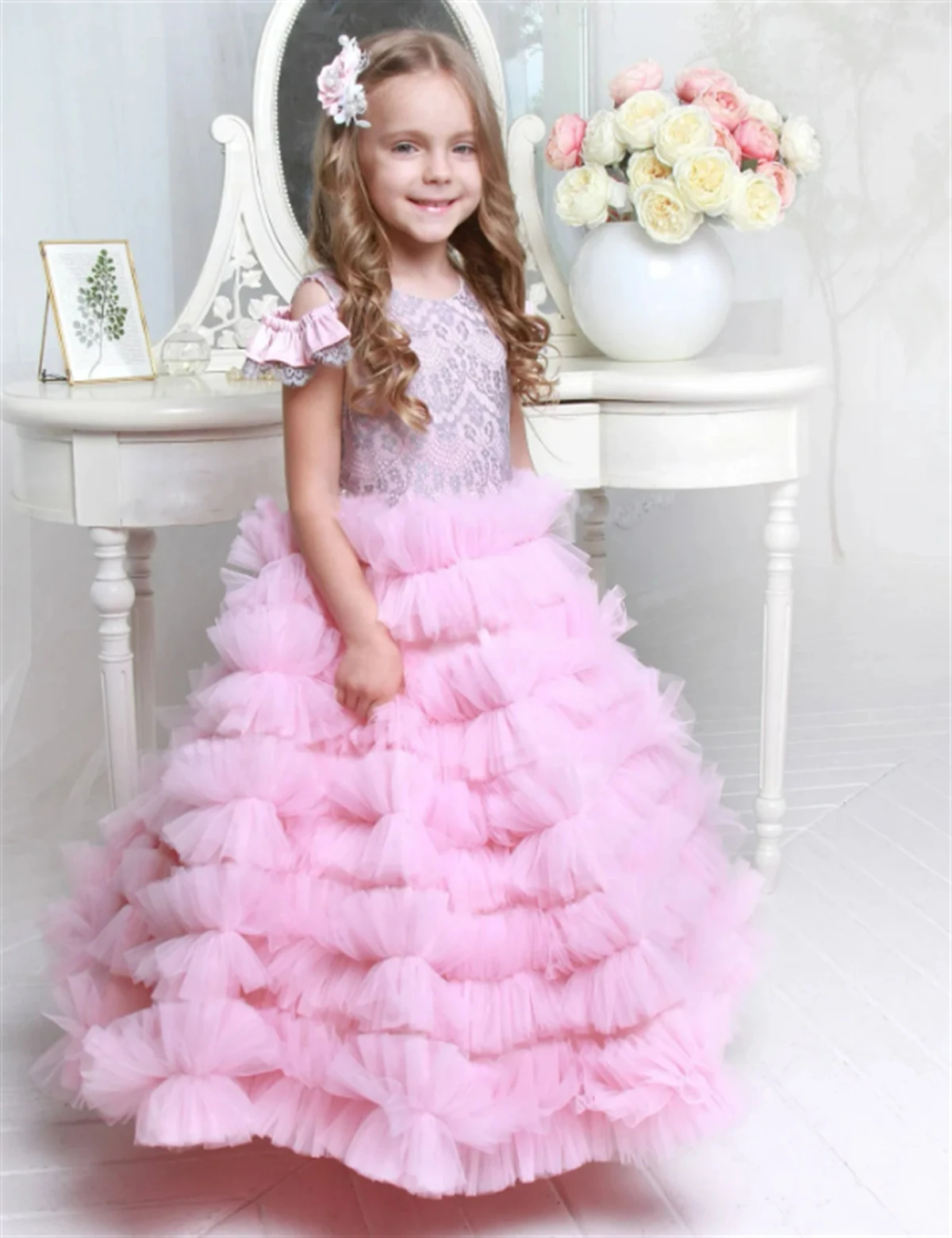 Flower Girl Dress White Fluffy Layered Tulle Lace manica corta Wedding Flower children's First eucaristic Birthday Party Dress