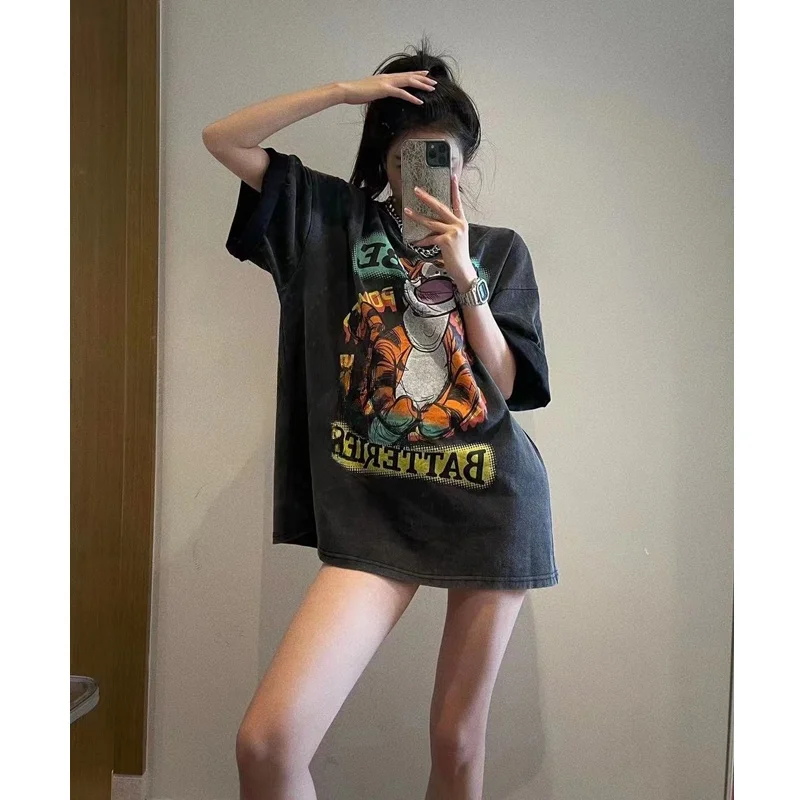 

Kakamee Dongdaemun Summer New Loose Mid-Length Jumping Tiger Print Grey Short-Sleeve T-Shirt Women's plus Size Casual Top