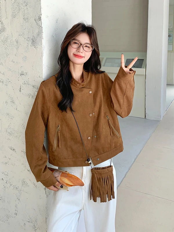 

Женское пальто из бархата под оленью кожу Ele Brown, повседневное, свободного кроя, дышащее, с длинными рукавами и воротником-стойкой