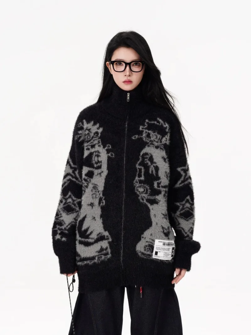 Japanese Autumn Atmosphere Cartoon Printing Personality Casual Abstract Jacquard Cardigan Sweater Loose Knitted Jacket Women