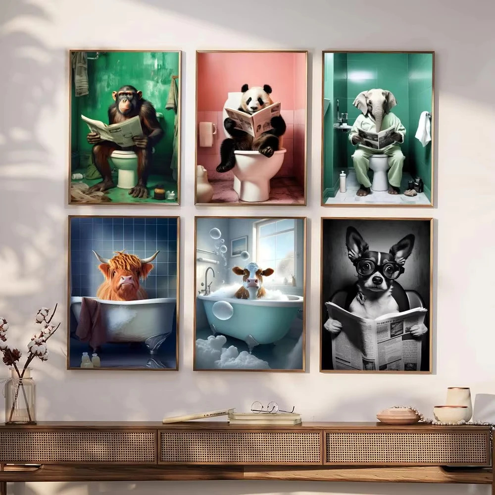 Chimpanzee Cat Dog giraffe Animal to Toilet Poster Home Furnishing Decoration Highend paper Poster Wall Study Home Living Room