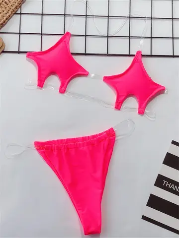 Sexy Micro Bikini 2025 Women Pentagram Design Transparent Swimwear Neon Clear Strap See Through Thong Swimsuit Traje De Baño
