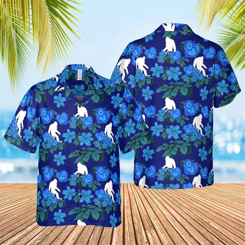 New Men's Short Sleeved Funny Gorilla Hibiscus Loose Breathable Men's Shirts 3d Print Hawaii Shirts Beach Party Tops Camisas