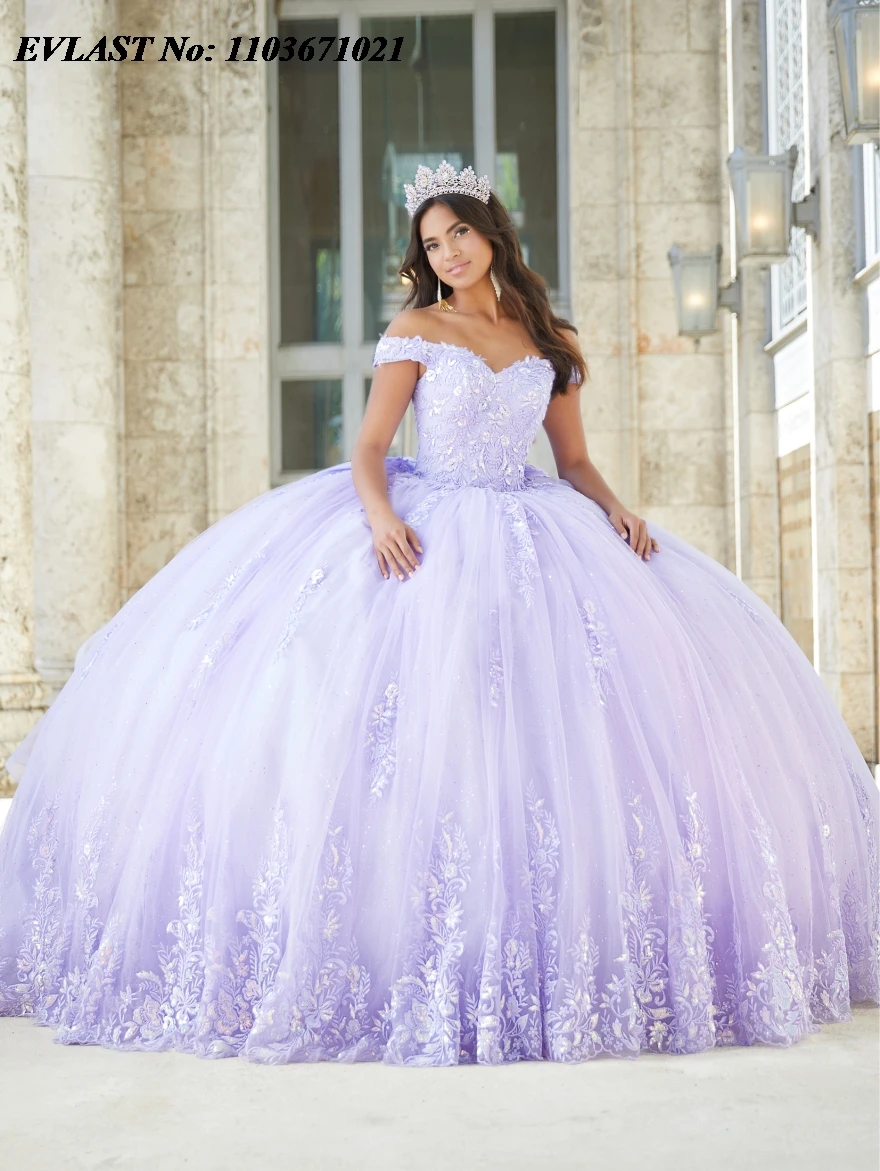 EVLAST Красное платье Quinceanera по индивидуальному заказу, бальное платье с блестками, кружевная аппликация, корсет с бантом из бисера, сладкий 16, Vestidos De XV Anos SQ329