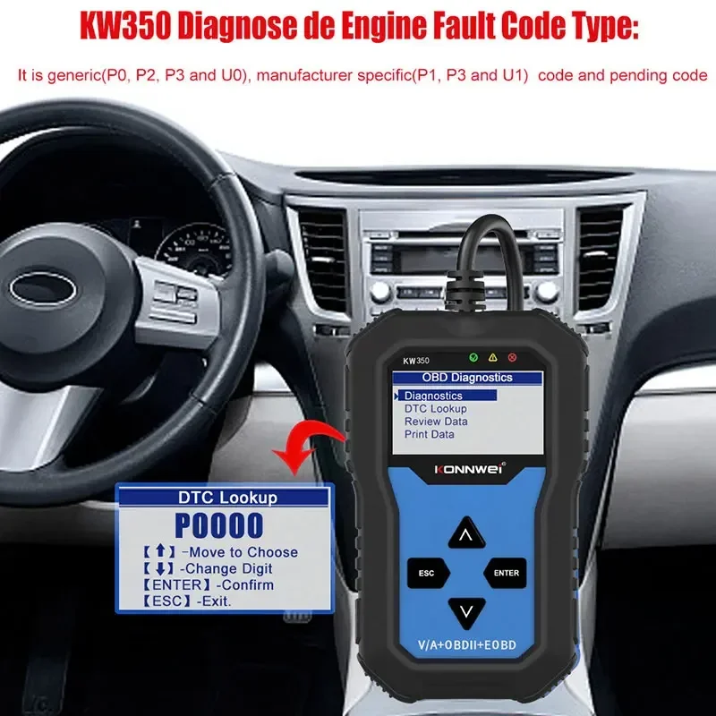 Best Quality KONNWEI KW350 OBD2 Car Code Reader Scanner For VAG Full System ABS Airbag Oil Light Reset EPB Auto Diagnostic Tools