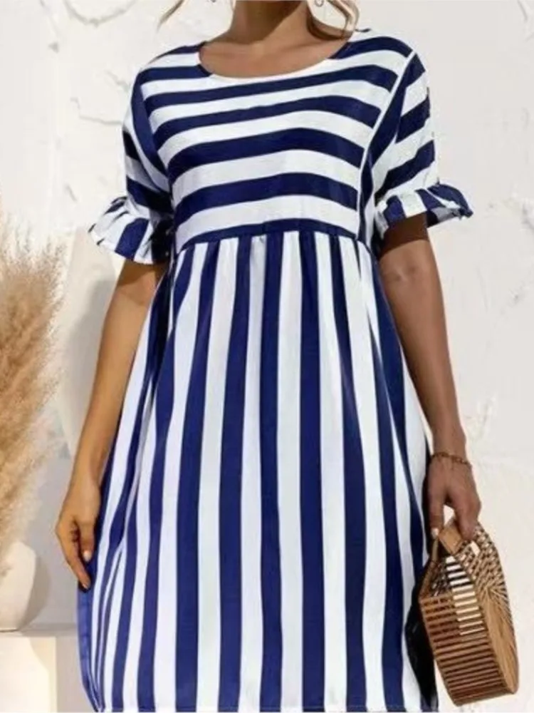 

Women's Fashion Striped Print Dress Casual Ruffles Short Sleeve O Neck Pullover Loose Dresses For Women Summer Womens Clothing