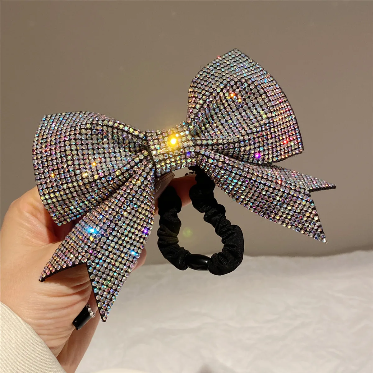 Birthday Party Crystal Zircon Bow-knot Elastic Hairband Hair Rope for Women Luxury Rhinestone Colorful Gemstone Elastic Hairband