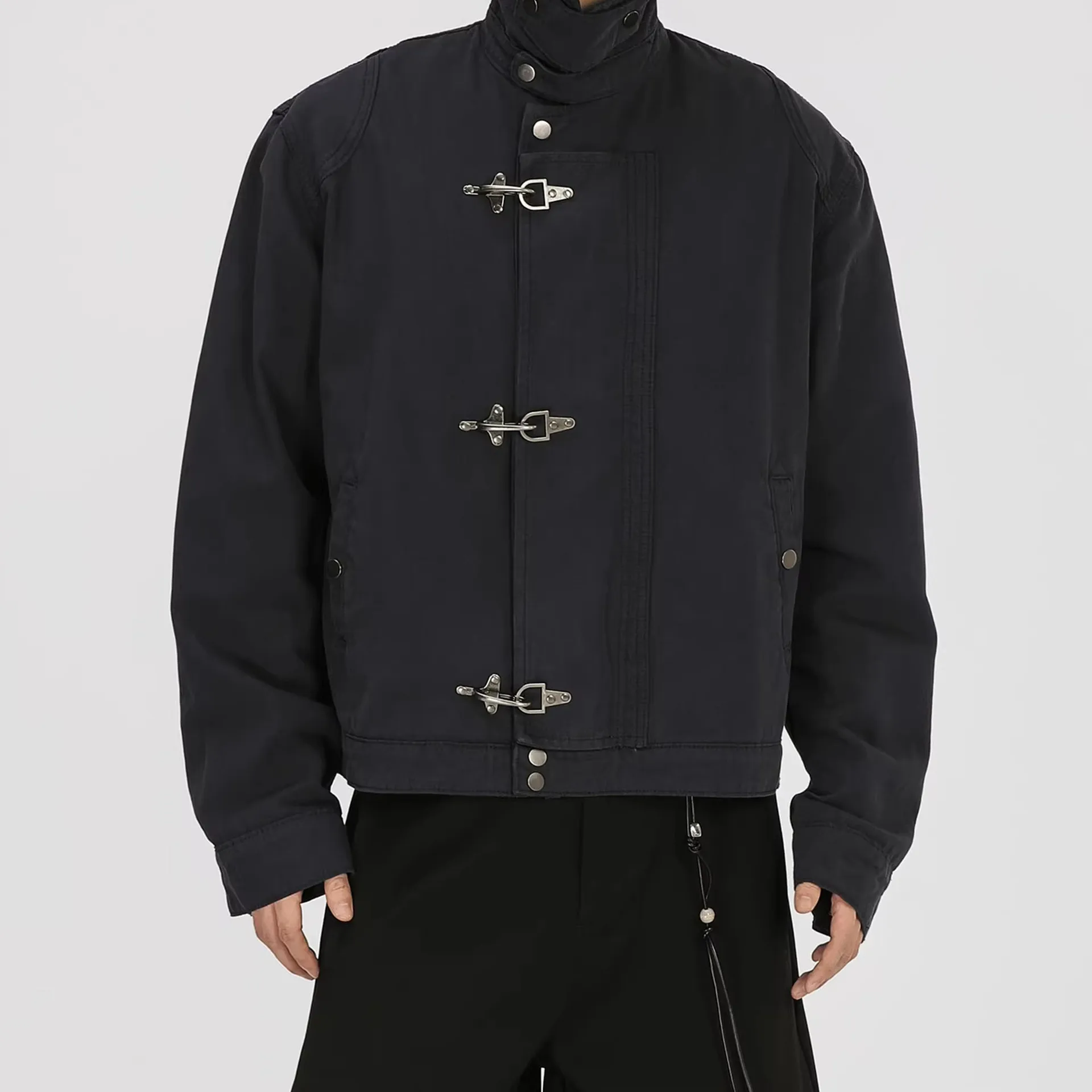 Spring Autumn Vintage Clean Fit Snap Button Cargo Jacket Men's Boxy Loose Casual Outerwear