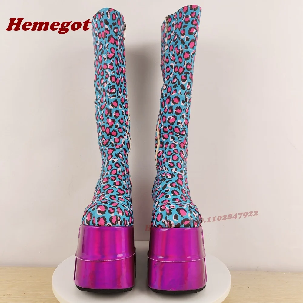 ليوبارد منصة القوطية حذاء برقبة للركبة جولة تو أسافين الجانب سستة أحذية الشتاء للنساء المرقعة 2025 جديد المدرج الأحذية مثير #6