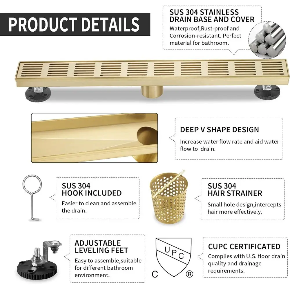 32 تصريف خطي مستطيل، تصريف 51 لتر/دقيقة، SUS-304 من الفولاذ المقاوم للصدأ، ذهبي الزركونيوم، استنزاف دش معتمد من CUPC SD-109