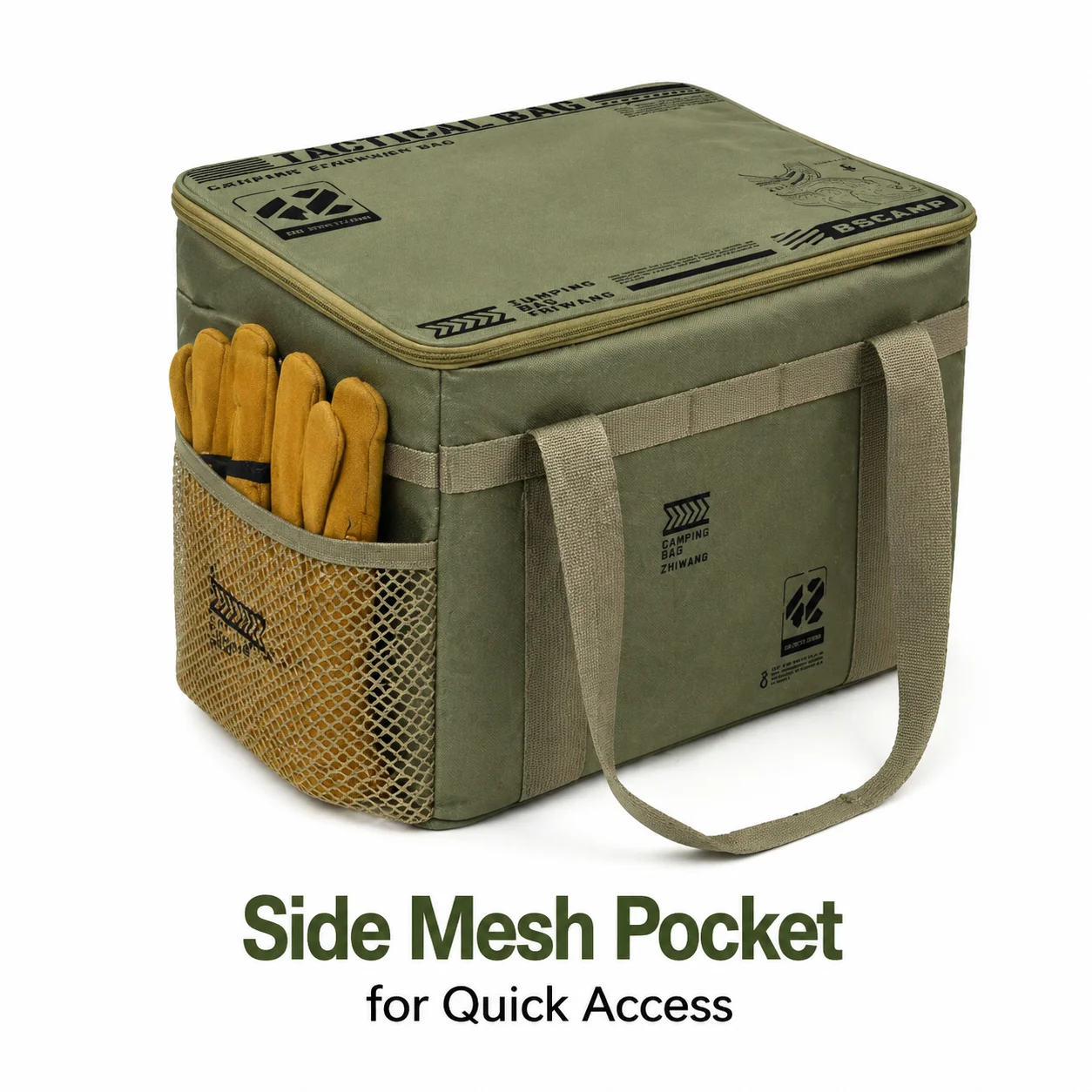 Sac tactique imperméable pour l'extérieur, sac de rangement pour le camping, pochette de transport pour ustensiles de cuisine de grande capacité avec poche latérale en filet