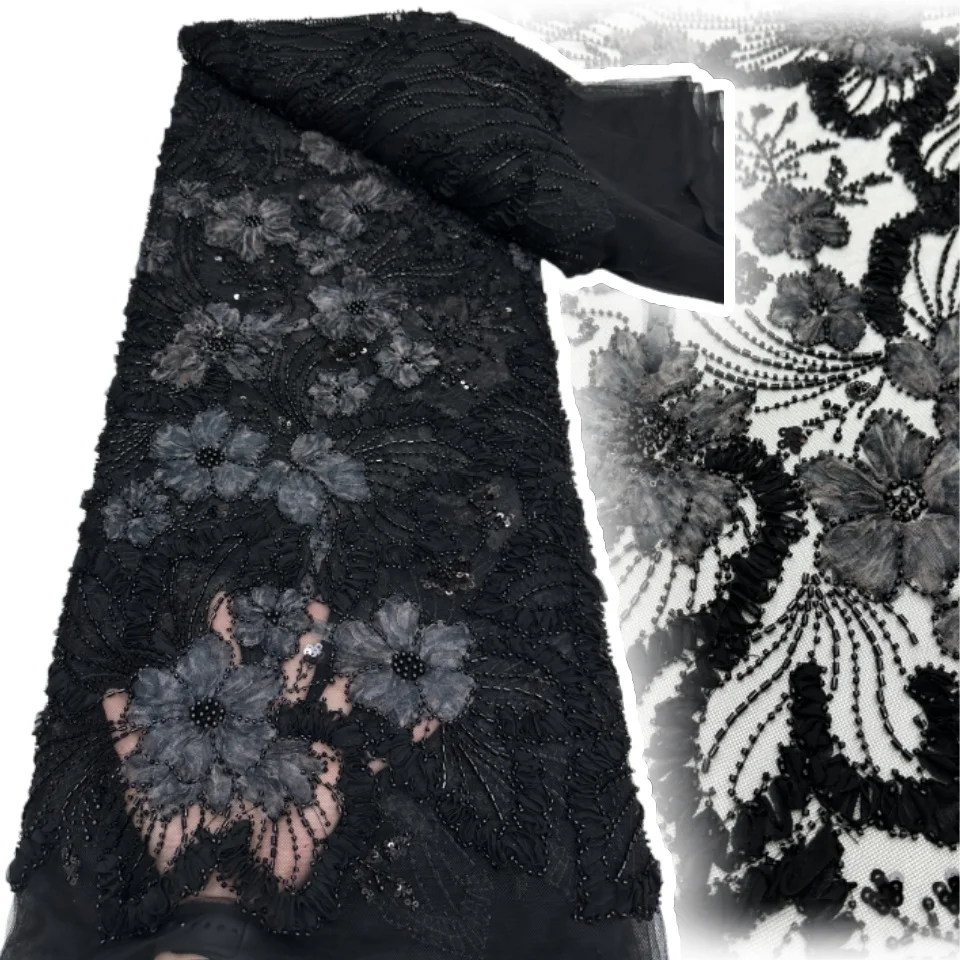 

Nigerian 3D Embroidered Lace Fabric 2026 New African French Sequined Beaded Tulle Lace Fabric Dress Sewing Material 5 Yards 1932