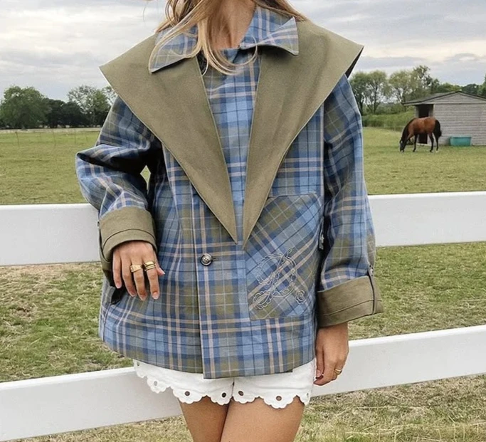 

Осень 2021, женская уличная одежда, винтажный двусторонний плащ в клетку с вышивкой, женский однобортный пиджак с длинными рукавами и карманами