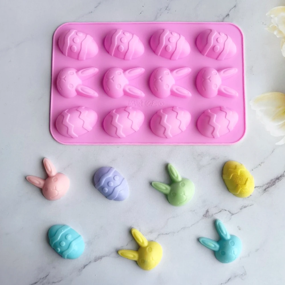 Easy Demold Rabbit Chocolate Moulds 12 Holes Easter Egg Jelly Biscuit Silicone Mold Festival Candle Making Painting Gypsum Decor