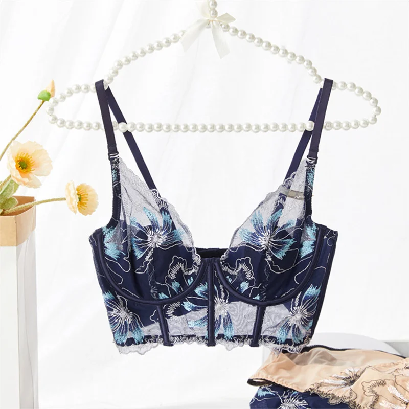 French Lace Flowers Embroidery Bra Set Women Ultra Thin Sexy Adjustable Strap Underwear Summer Breathable Push Up Bra Briefs Set