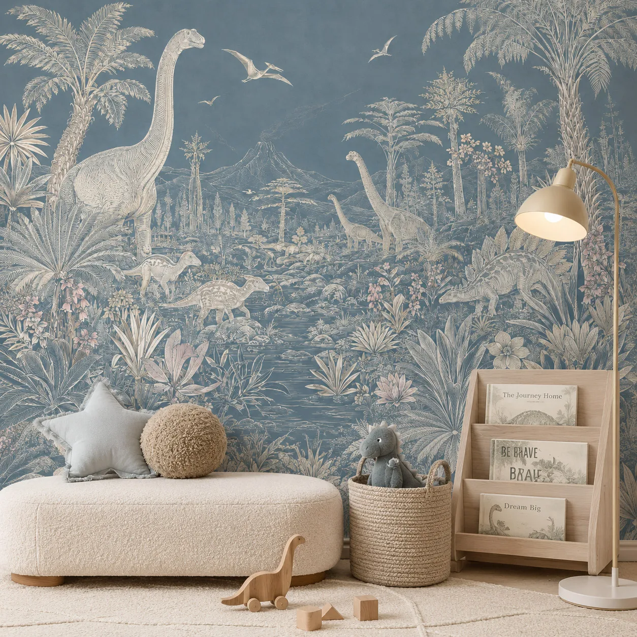 Vintage Blue Dinosaur Jungle Wall Mural Wallpaper Prehistoric Botanical Landscape Kids Room Nursery Non Self Adhesive Home Decor