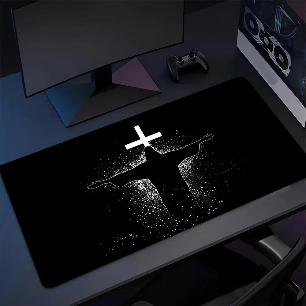 

Коврик для мыши с изображением Иисуса и креста, большой, для офиса, с резиновой основой и прошитыми краями, нескользящий