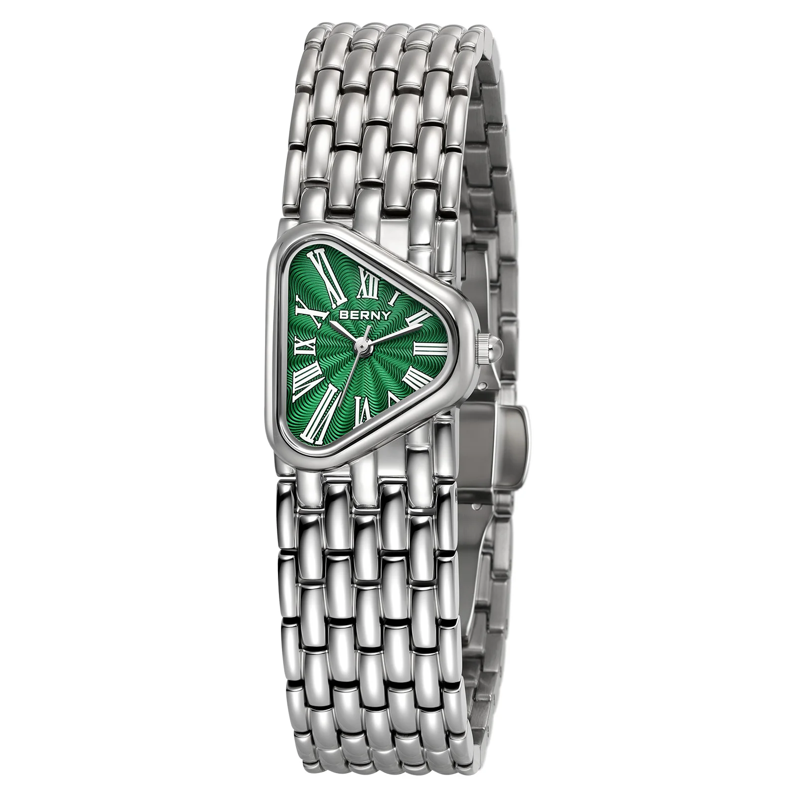 BERNY Women's Watch Elegant Triangle Dial Silver Quartz Watches Fashion Casual Full Stainless Steel Ladies Dress Wristwatch