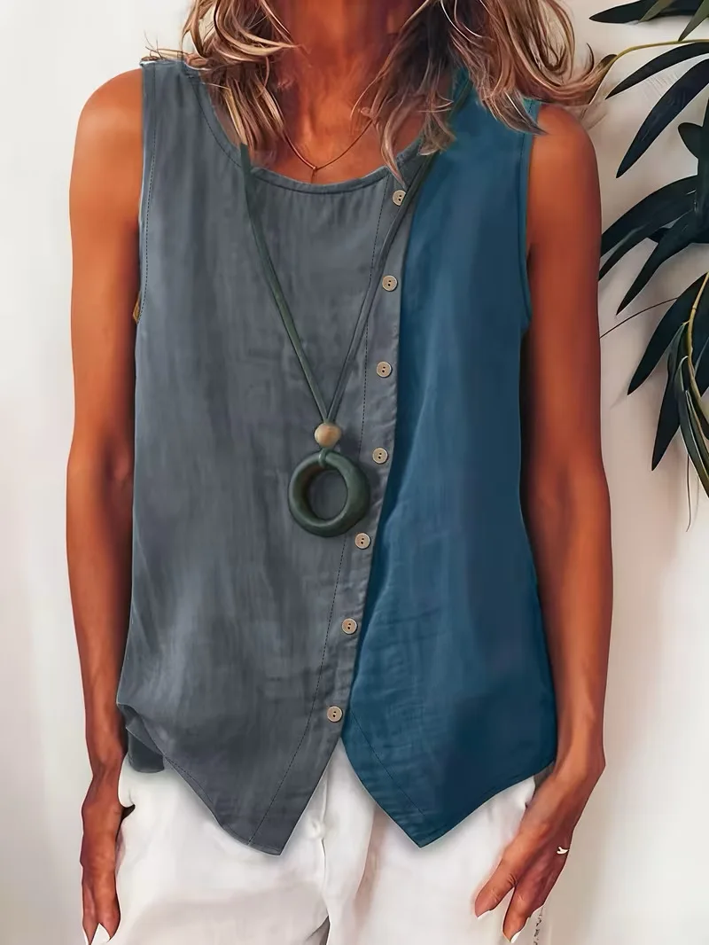 2026 Europäische und Amerikanische Neue Damen Freizeit-Colorblock-Ärmellose Knopfbluse mit seitlicher Einreihiger Knopfleiste, Rundhals – Detail 6