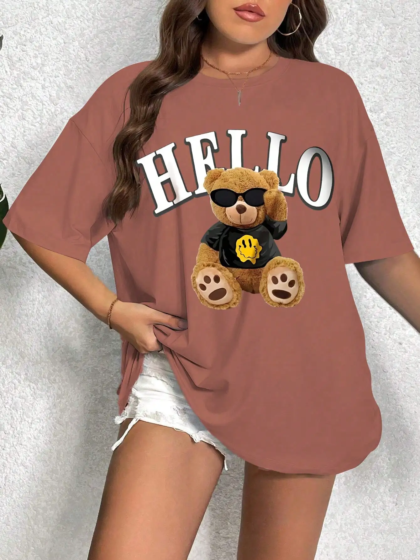 Summer women\'s fashion versatile casual drop shoulder short-sleeved T-shirt with cute letters and bear print loose top 2024 New