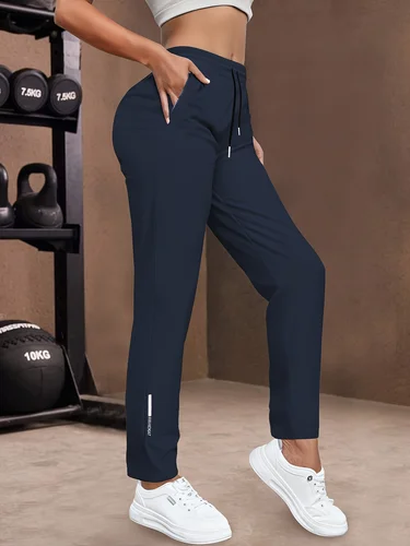 Imagen 2 del producto Pantalones casuales de mujer | Tela elástica, adecuada para exteriores y fitness, cintura con cordón, color sólido, longitud larga