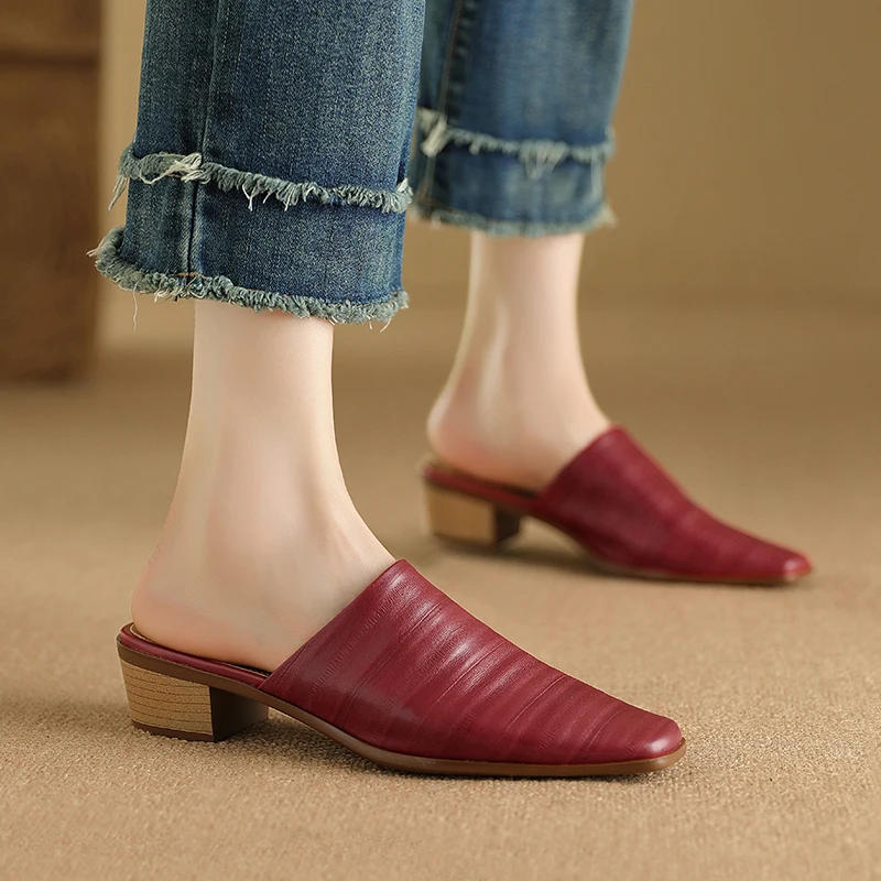 2026 new summer women sandals natural leather 22-25cm embossed sheepskin+pigskin square toe mules high heel women shoes fashion