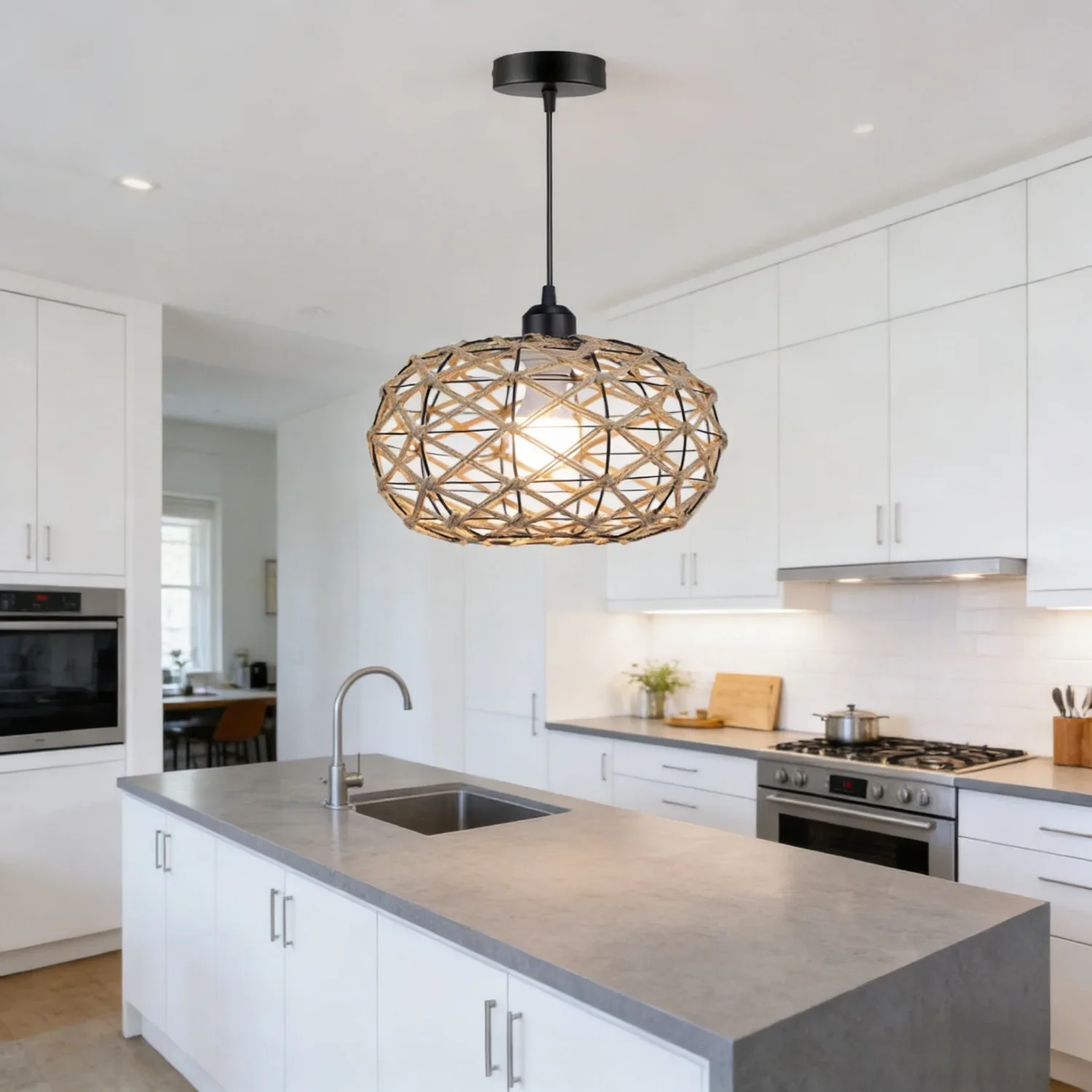 Industrial 30CM Woven Chandelier Hemp Rope Iron E27 Rattan Hand Woven Pendant Light Ceiling Lamp for Stairwell Hallway