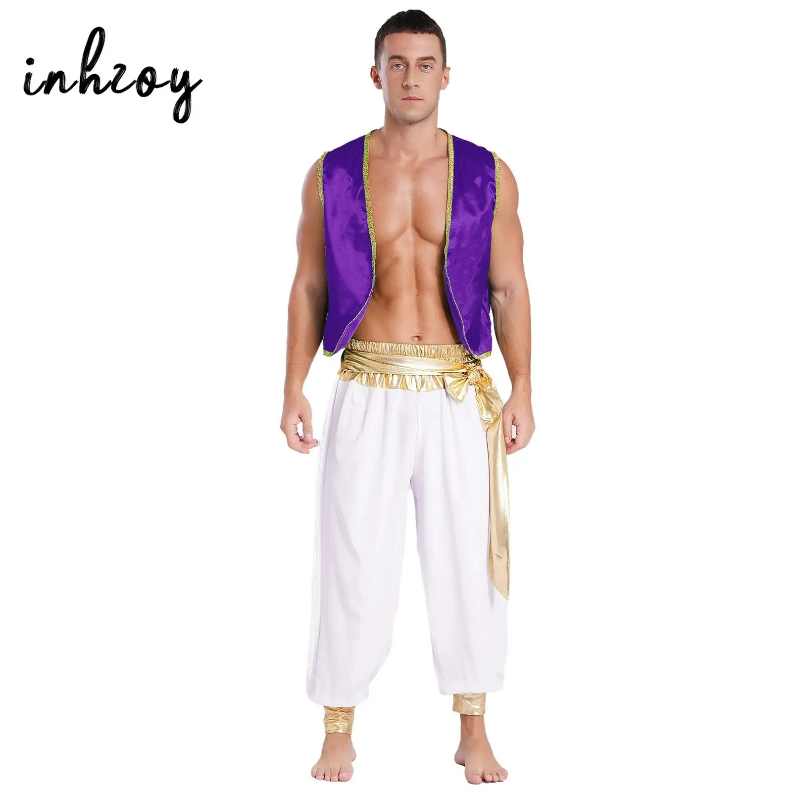 Mens Arabian Prince Costume Cosplay Dress Up Waistcoat with Lantern Pants Aladin Genius Halloween Carnival Party Fancy Outfit