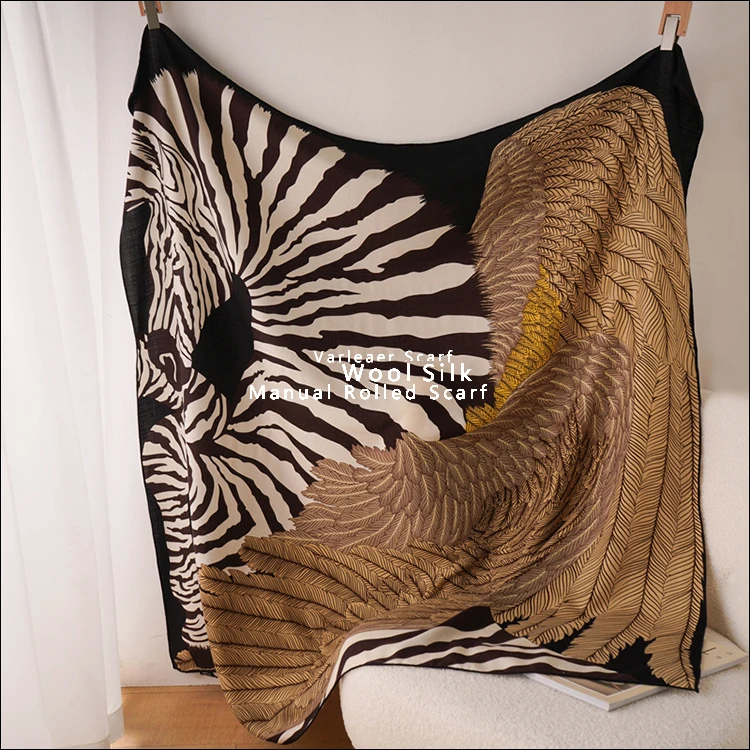 135CM Zebra Pegasus Wool Scarf Silk 140 Designer Cashmere Pashmina Foulard Square Winter Shawls for Women Stole Horse Print