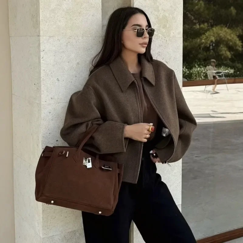 

Модная трехцветная однотонная шерстяная куртка на молнии для женщин, элегантное короткое пальто с лацканами и длинными рукавами, женская осенняя уличная верхняя одежда в стиле ретро