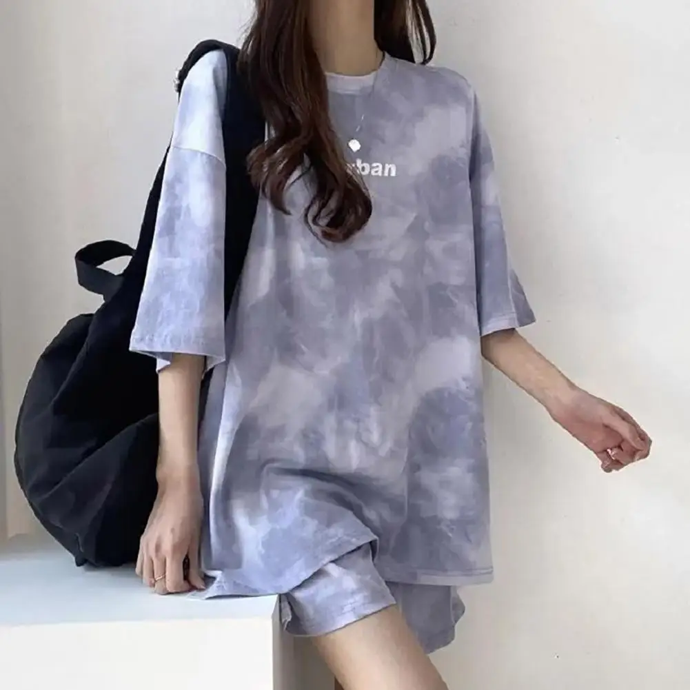 2 Piece Suit Women T-Shirt Shorts Set Korean Fashion Tie Dye Loose Short Sleeve T-shirt And Wide Leg Set Students Sports Outfit