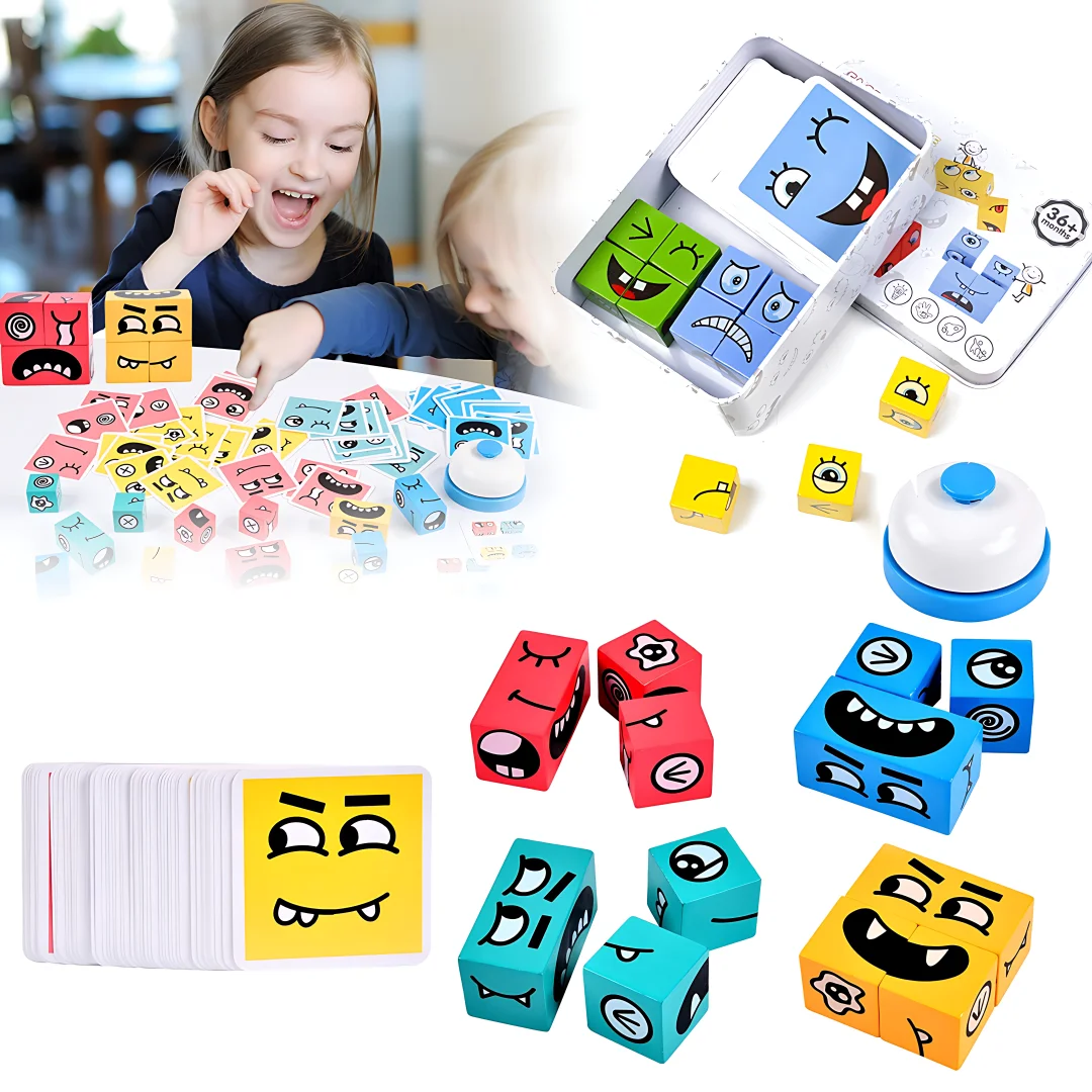 Changeable Face Cube Block Wooden Expression Block Puzzle Children\'s Educational Games for Ages 3+ Family Party Toys Kid\'s Gifts