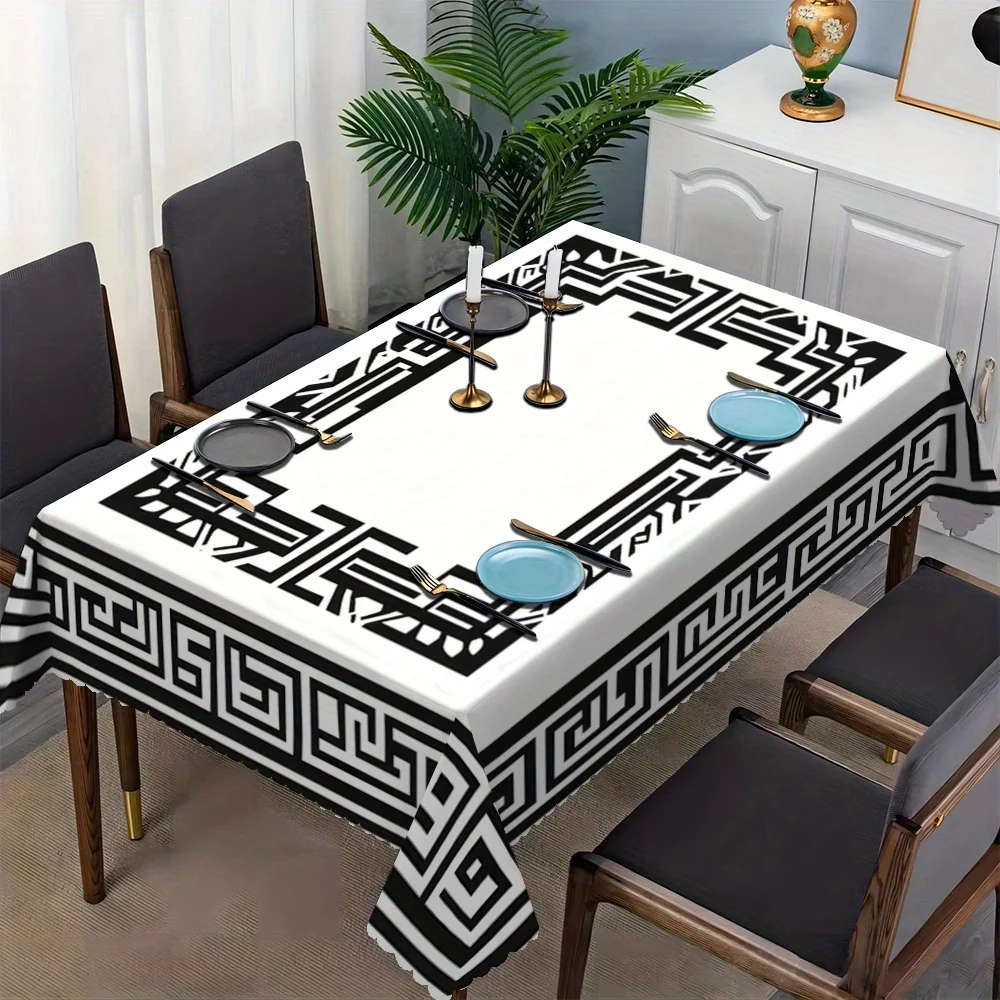 Minimalist Geometric Border Tablecloth, Black & White Meander Motif, Clean Scalloped Trim, Dirt Resistant for Parties & Elegant