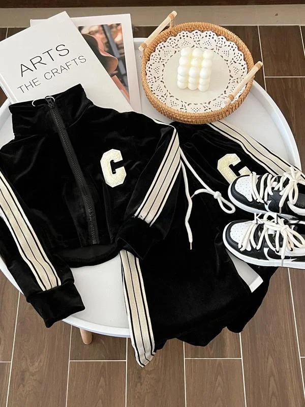 

Spring 2025 Children's Faionable Zipper Long Sve Stand Collar Wide Leg Spor Two Piece Set Girls Outerwear Jaet