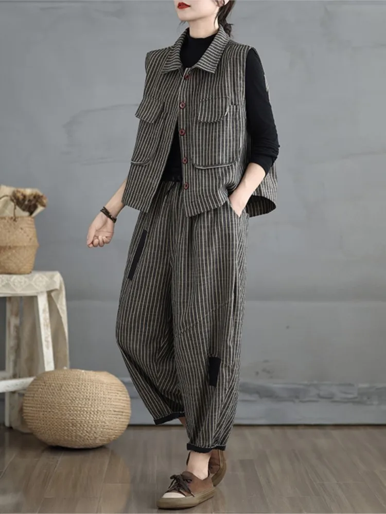 Oversized Autumn Striped Print 2 Two Piece Set Women Casual Fashion Ladies Sleeveless Coats Loose Wide Leg Woman Harem Pant