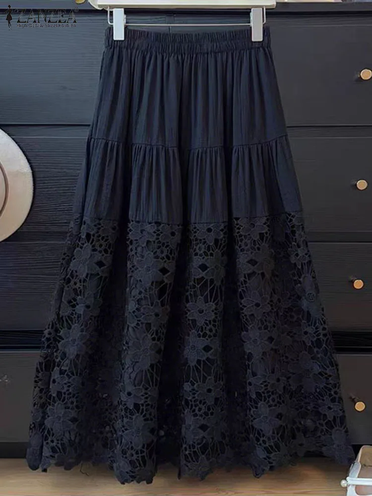 ZANZEA mode jupes 2025 automne femmes dentelle Patchwork Maxi jupes décontracté taille haute longues Faldas élégant à volants bas Long