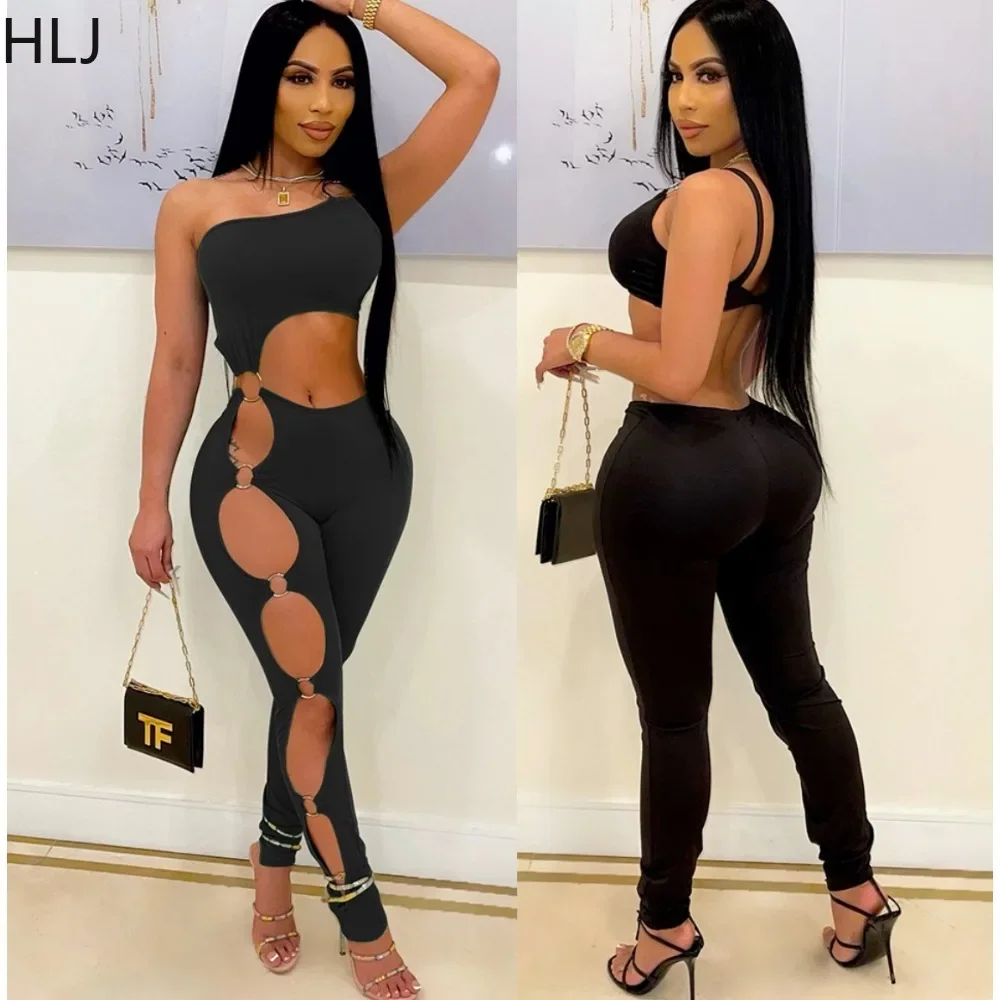 

HLJ Sexy Hollow Out Bodycon Party Nightclub Jumpsuits Women One Shoulder Sleeveless Slim Playsuits Fashion Female Solid Overalls