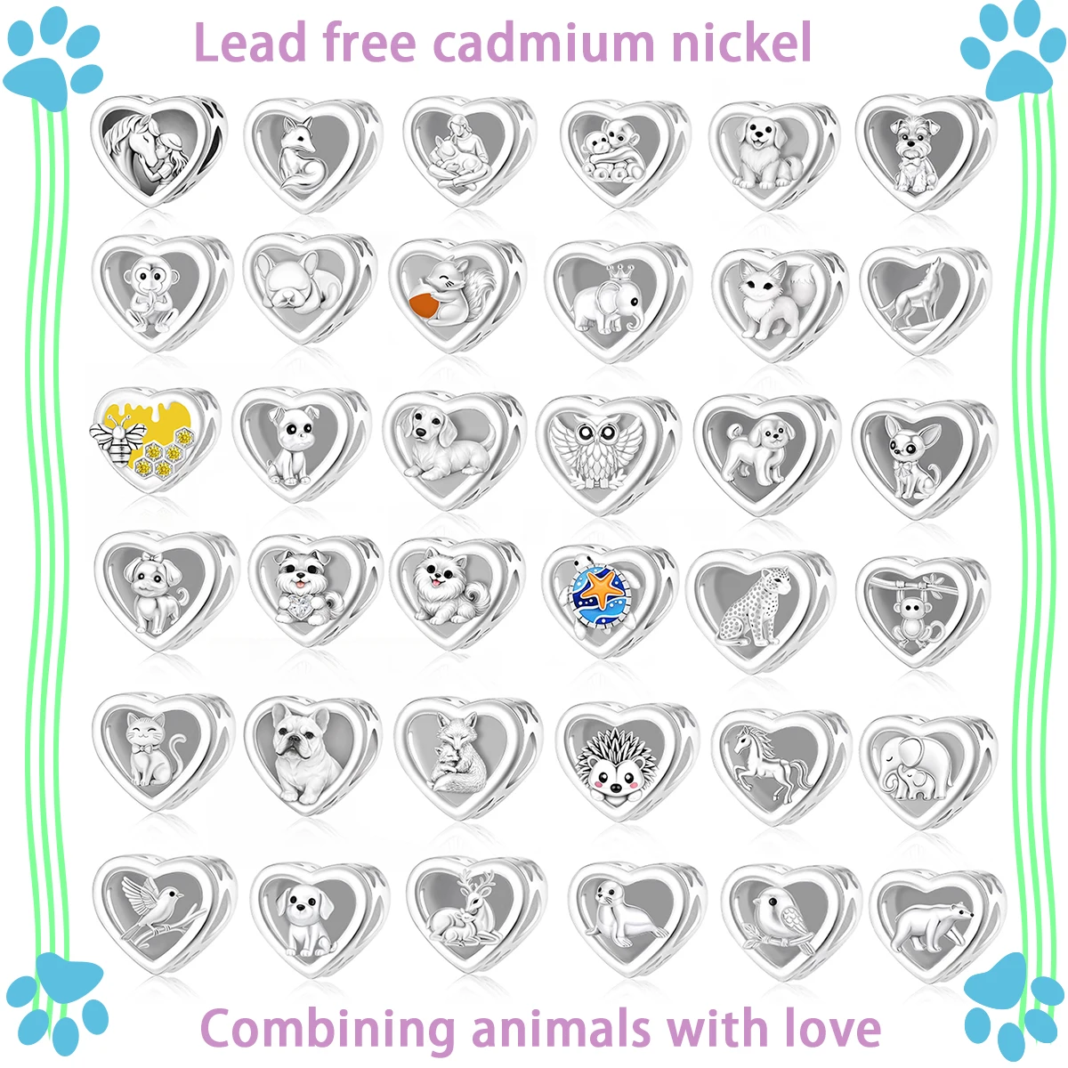 Fit PandoraPan Charms Original Design Love Dog Cat Animal Beads DIY Bracelet Necklace Valentine's Day Gift Eco Friendly Copper M