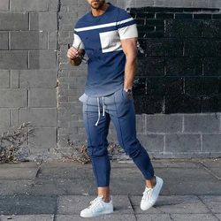 Men's Trousers Tracksuit 2 Piece Sets Summer Sportswear Tops Tees Short Sleeve T Shirt+Long Sweatpants Oversized Men Clothing