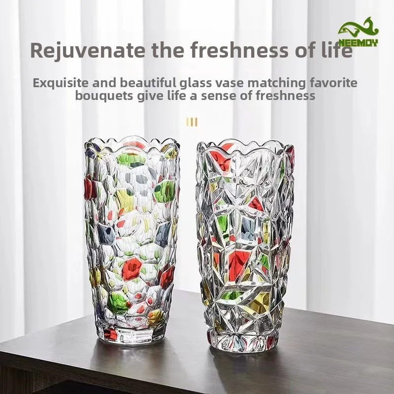 Hand Drawn Colored Glass Vase, Hammer Patterned Contrasting Vase, High-end Living Room Home Decoration, Moving Gift Flower Pot