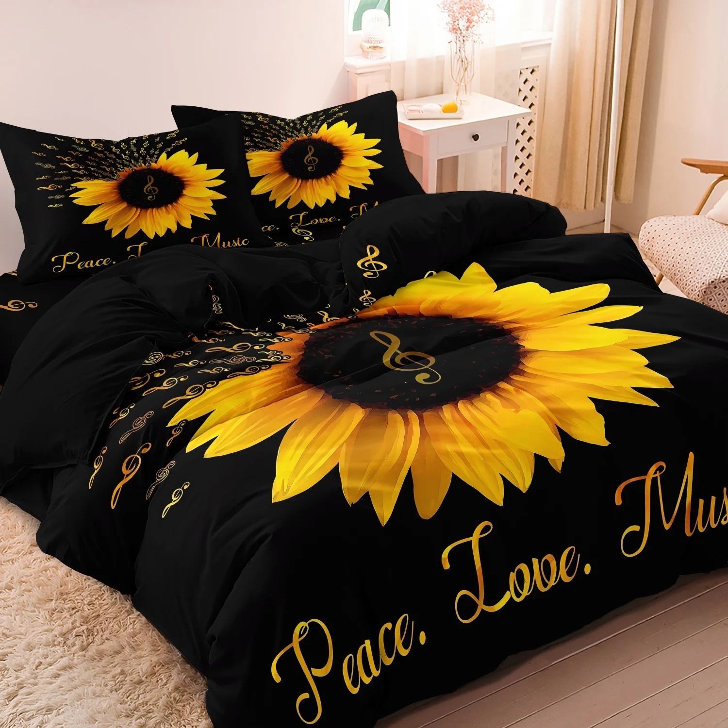 3pcs Sunflower Music Note Print Duvet Cover Set, Black Floral Music Print Bedding, For Bedroom Guest Room Dorm Decor