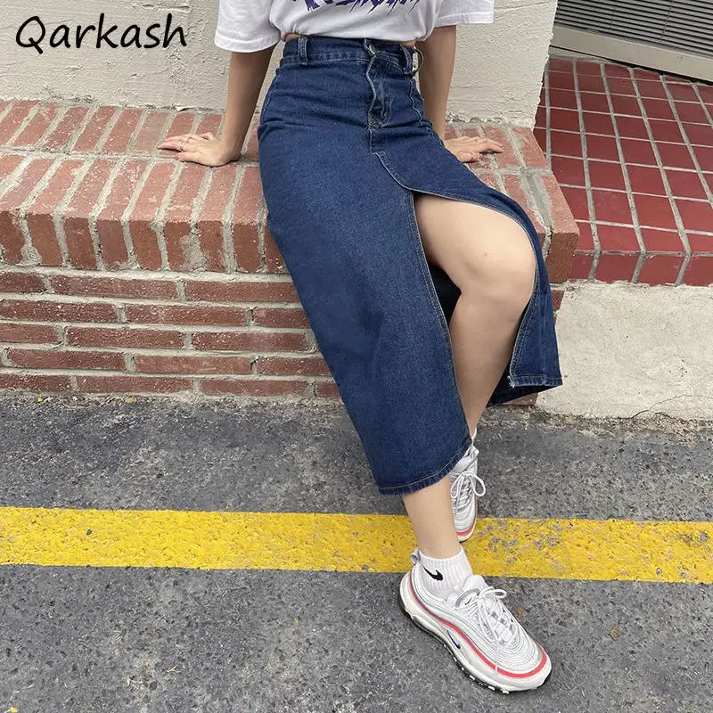 

Юбки женские джинсовые в стиле ретро, элегантные, трапециевидные, модные, осенние, базовые, однотонные, универсальные, в стиле ампир, винтажный дизайн с разрезом спереди