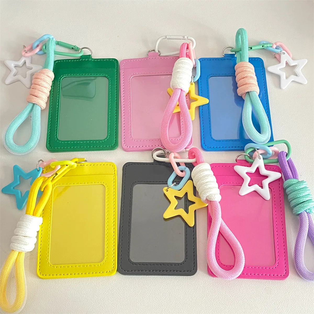 New Cute PU Leather Card Sleeve Ins Candy Color Woven Rope Keychain 3 Inch Photo Card Holder Star Pendent Bus Card Storage Bag