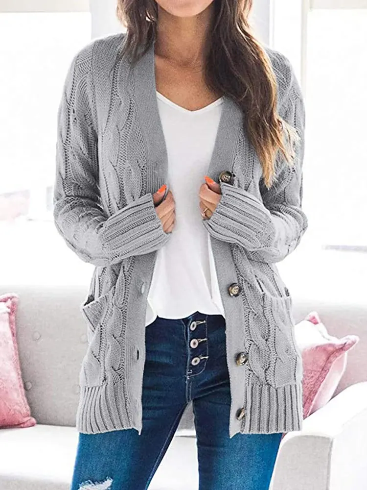 

Winter Polyester Women's Sweater V-Neck Long Sleeve Cardigan Knitted Loose Pockets Solid Thick Fashion Casual Sweater